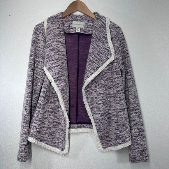 Adrienne Vittadini Medium Purple White Tweed Blazer Fringe Ends Open Front - Picture 1 of 7